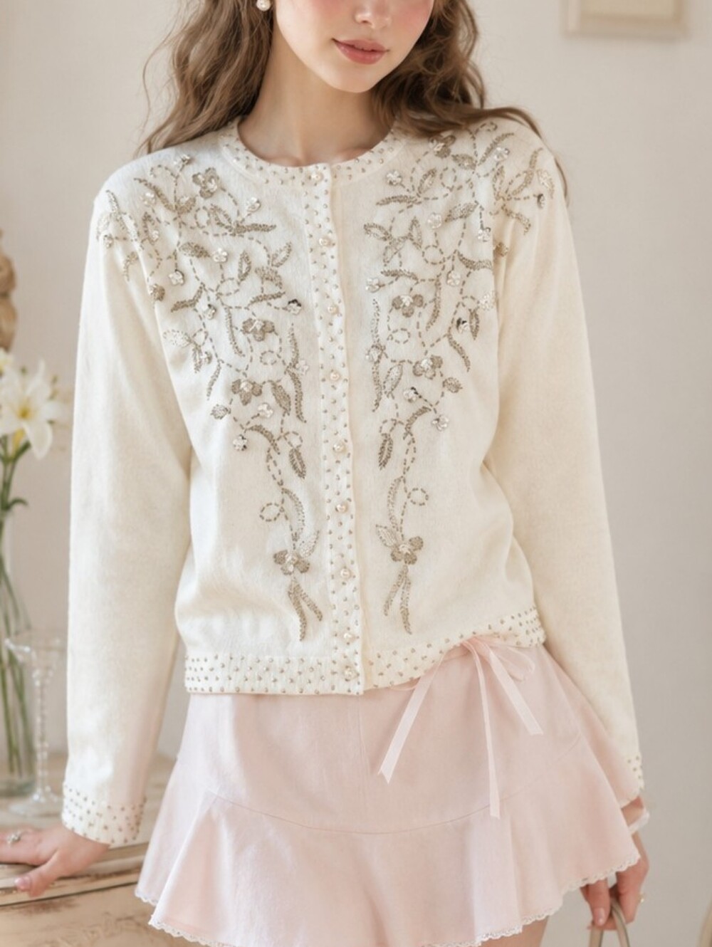 Vintage Ivory Beaded Cardigan Sweater Size L Sequin Embellished